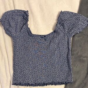 American Eagle Outfitters Blue Floral Puff-Sleeve Crop Top